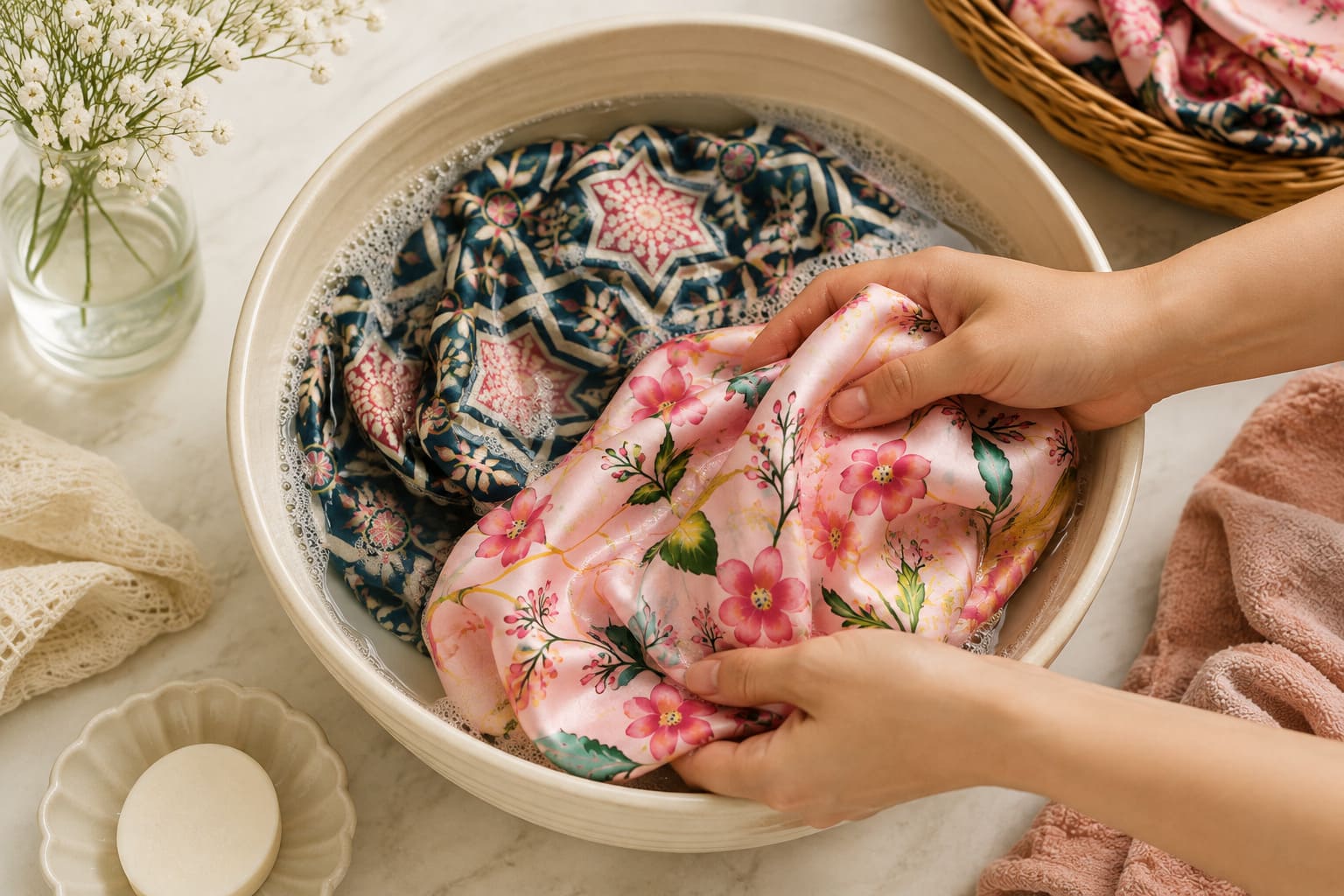 Hands gently hand washing vintage silk fabrics in cool water to protect delicate fibers and preserve vibrant colors.